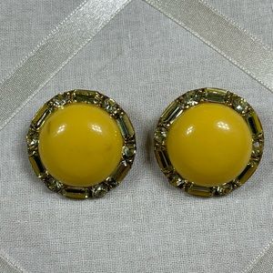 1960s Earrings-Bright Yellow Discs Ringed with Yellow Rhinestones in Gold-Tone